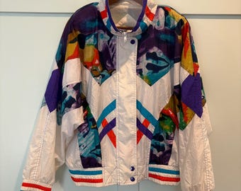 East West 80s Abstract Geometric Ski Jacket Women's Medium Nylon Zip Colorblock