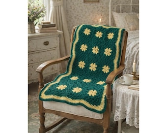 Handgemachte afghanische Häkeldecke Oma Quadrat Grün Gelb Boho Vintage Überwurf