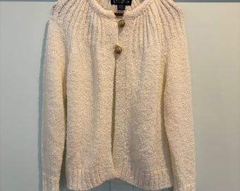 Vtg 80s Le Chois Cardigan Large Cream Boucle Knit Sweater Gold Buttons Taiwan