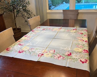 Obrus z mieszanki lnu z lat 50. XX wieku w kwiaty, niebiesko-różowy, tulipan, stokrotka, 50x50 MCM