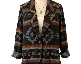 Mi blazer Michelle para mujer, talla M, negro y azul, estilo suroeste, geométrico, tejido, vintage.
