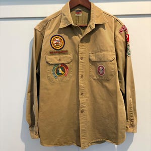 Vintage Penney's Big Mac Shirt Tan Boy Scouts Men XL Khaki 60s Patches Axe Pin