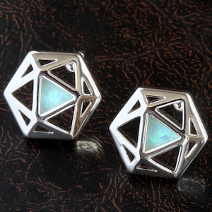 D20 Dice stud earrings, Dice earrings with white opal, TTRPG jewelry,