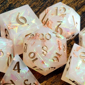 Angelic Hope dice set - Milky white sharp edge dice set with holographic foil and copper flakes, dungeons and dragons