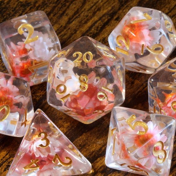 Sprite Bloom - Pink flowers inclusions  with golden font, Translucent with REAL flowers, Exclusive dice set for DND, Dice set for DnD