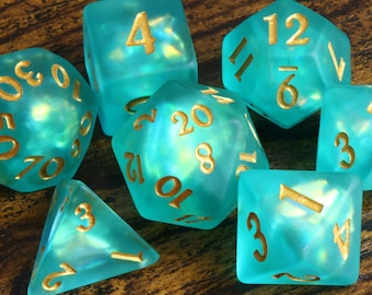 Leviathan's Soul Dice Set - Seafoam Green Holographic inclusions , Frosted Translucent with holo foil, Dungeons and dragons dice set
