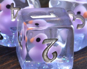 Ducklings of Doom dice set, Transparent with light purple duck inside, Role Playing games dice, dungeons and dragons, Exclusive  set