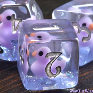 Ducklings of Doom dice set, Transparent with light purple duck inside, Role Playing games dice, dungeons and dragons, Exclusive set image 1