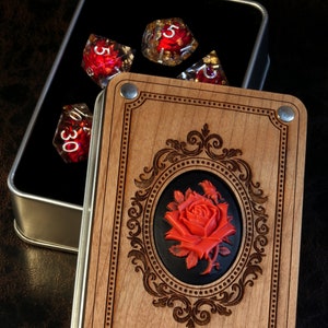 Red Rose dice box with red flowers sharp edge dice set with gold flake inclusions and holographic glitters, Real flowers dice, Dice Storage
