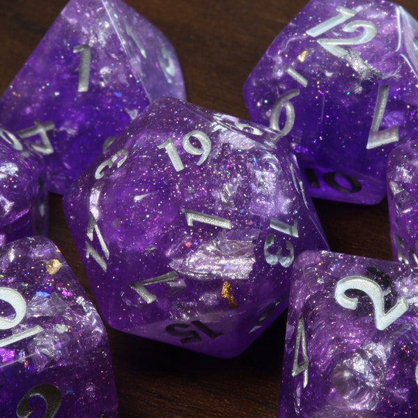 Galactic Amethyst Dice Set - Purple DND Resin Dice, Translucent with holographic glitters and silver flakes, Dungeons and Dragons, Exclusive