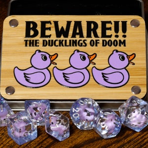 Beware !! the ducklings of doom dice box, Ducklings dice set, Dice with cute rubber duck inside, Role Playing games, dungeons and dragons