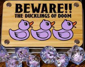 Beware !! the ducklings of doom dice box, Ducklings dice set, Dice with cute rubber duck inside, Role Playing games, dungeons and dragons