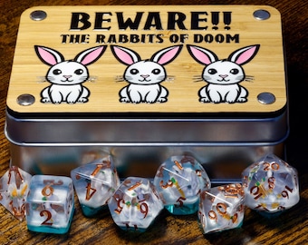 Achtung ! The Rabbits of Doom Würfelbox - Würfelset mit kleinem Hasen, der eine Karotte hält. DND Würfel, Rollenspiele | Würfel Box Spiel Bausatz