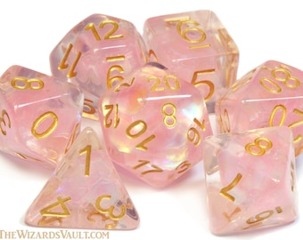 Blush Pink Mermaid Dice Set - Transparent with large blush pink holographic confetti glitters,  set for Dungeons and Dragons, scale