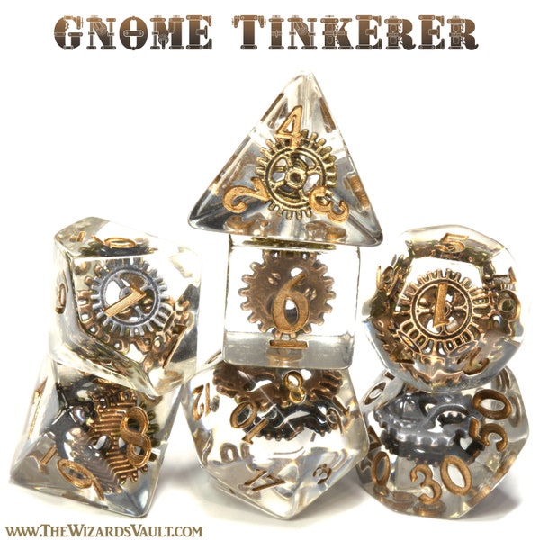 Gnome Tinkerer Dice, Steampunk dice set with gear inclusions,  copper bronze silver gold cog, Transparent, Exclusive Limited Edition