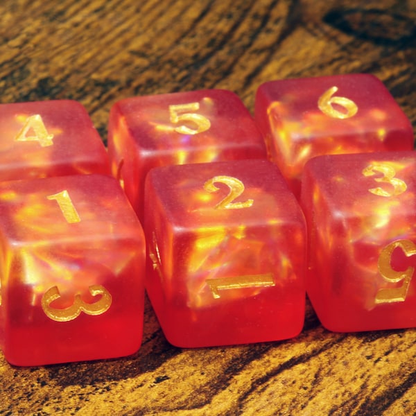 Dragon's Breath D6 dice - Red orange Holographic inclusions , Frosted Translucent with holo glitter, Dice DnD
