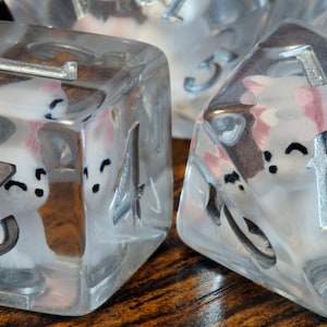 Fox Family dice set, Transparent with white fox cub inside and large Mama fox D20, Role Playing games dice, dungeons and dragons,