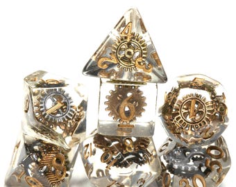 Gnome Tinkerer Dice Set – Steampunk with Gear Inclusions Copper, Bronze, Silver, Gold for DnD and Role-Playing Games
