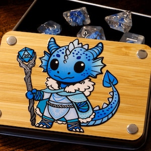 Frost Sorcerer Dragonborn Box and blue Dragon Hatchling Dice Set - DnD Dice | Dice Box Set Game Kit