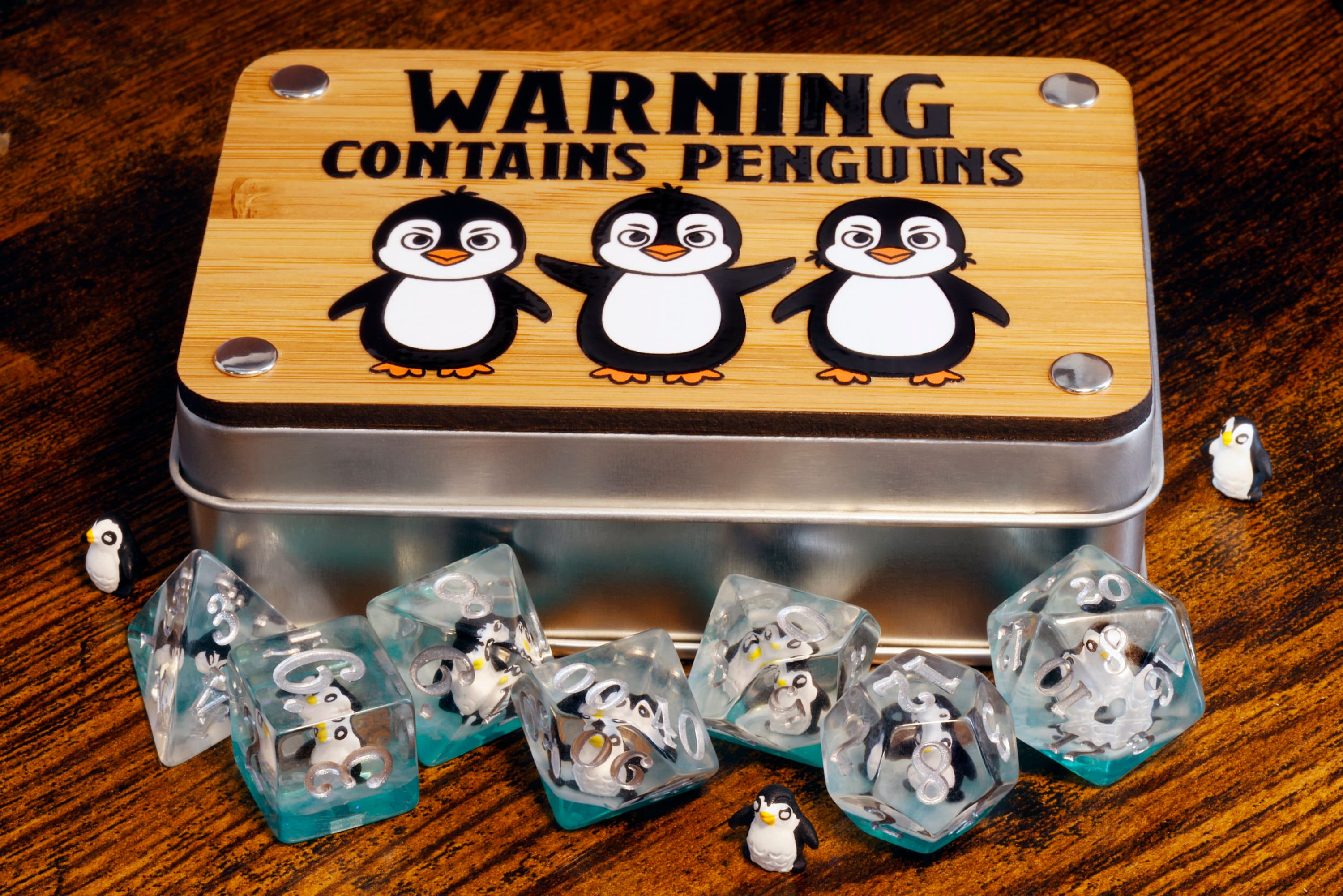 Penguin Dice Box and Dice Set - Dice With Penguins on Blue