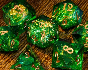 Sacred Emerald dice set - Green sharp edge dice set with holographic foil