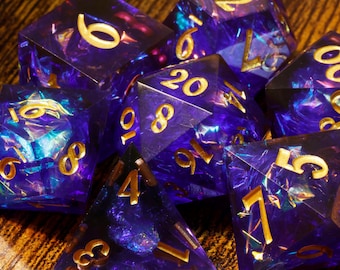 Sacred Amethyst dice set - Purple and blue sharp edge dice set with holographic foil
