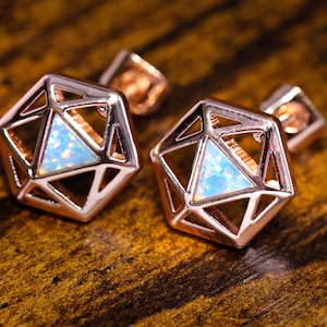 D20 Dice stud earrings, Rose gold dice earrings with light blue opal, TTRPG jewelry,