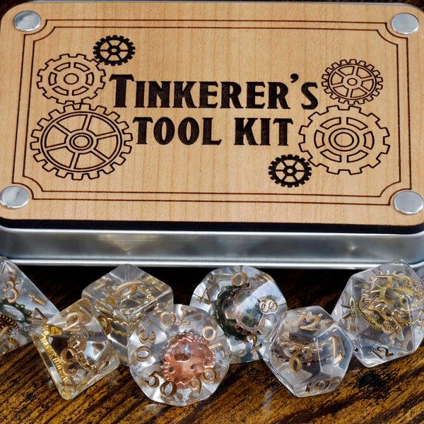 Tinkerer's Tool Kit Box and Dice, Steampunk dice set with gear inclusions,  with copper bronze cog, Tabletop Role Playing games