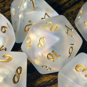 Paladin's Oath dice set - White Holographic inclusions , Frosted Translucent with holo glitter , Role Playing games Dice storage