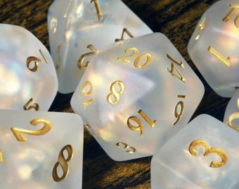 Paladin's Oath dice set - White Holographic inclusions , Frosted Translucent with holo glitter , Role Playing games Dice storage