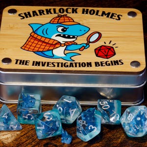 Sharklock Holmes box and Exclusive Shark Dice Set - Dice with shark on blue sea layer for TTRPG, Role Playing game kit, dice vault