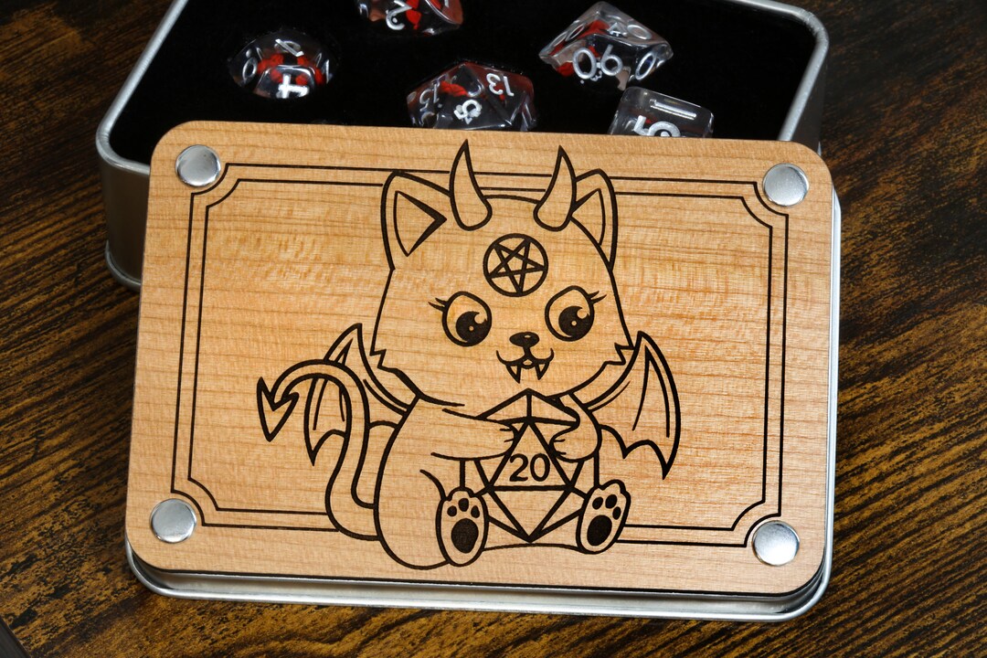 Demonic Cat Box and Dice Set Dice Set With Winged Cats on an Orange Layer, Dice for Pathfinder
