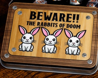 11 pieces dice set, Beware ! The rabbits of doom dice box - Dice set with small rabbit holding a carrot. DND Dice Dungeons and Dragons