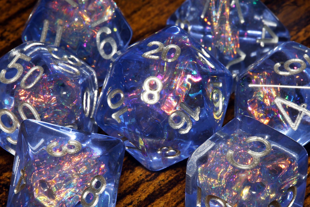 Thunder Wave Dice Set With Holographic Inclusions , Transparent Blue With Holo Glitter , Role