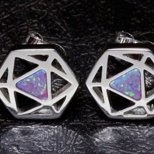 D20 Dice stud earrings, Dice earrings with dark blue black opal, TTRPG jewelry,