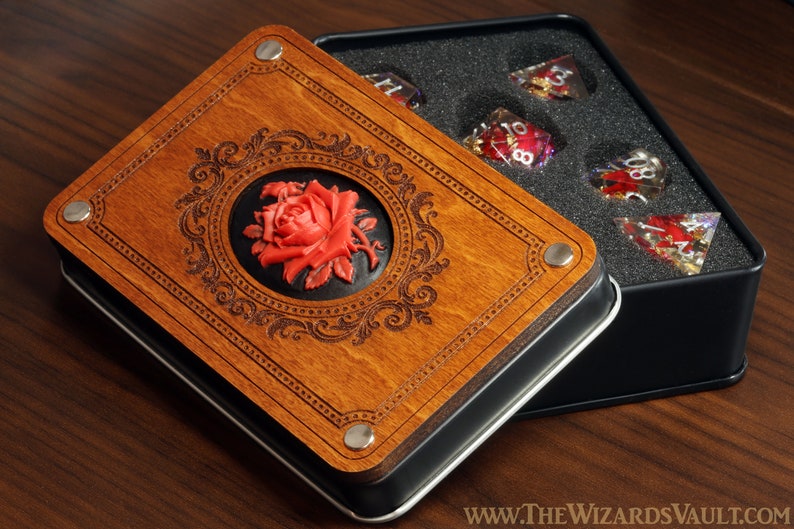 Red Rose dice box with red flowers sharp edge dice set with gold flake inclusions and holographic glitters, Real flowers dice, Dice Storage