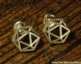 D20 Dice stud earrings, Golden dice earrings, TTRPG jewelry, geeky gift, polyhedral dice