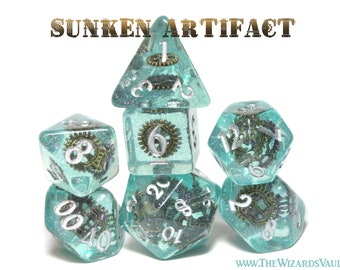 Sunken Artifact Dice, Steampunk dice set with gear inclusions,  with cog,Transparent with glitters, Exclusive dice set for DND