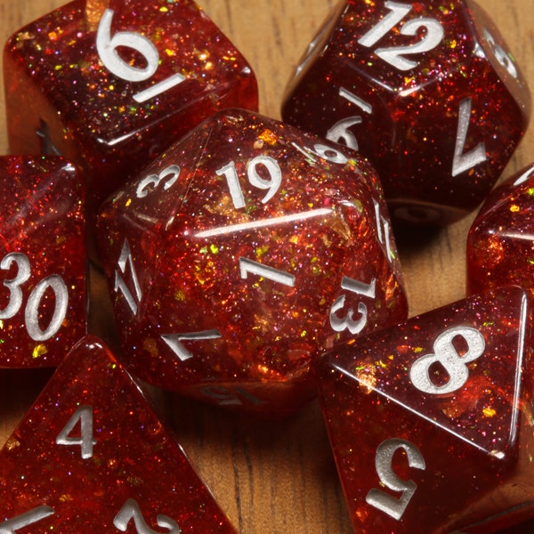 Galactic Magma - Fiery Red , Translucent with holographic glitters, Exclusive dice set for Dungeons and Dragons, Role Playing games, D&D DnD