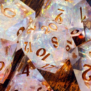 Sacred Opal Sharp Edge dice set: Clear with holographic foil Dice Only