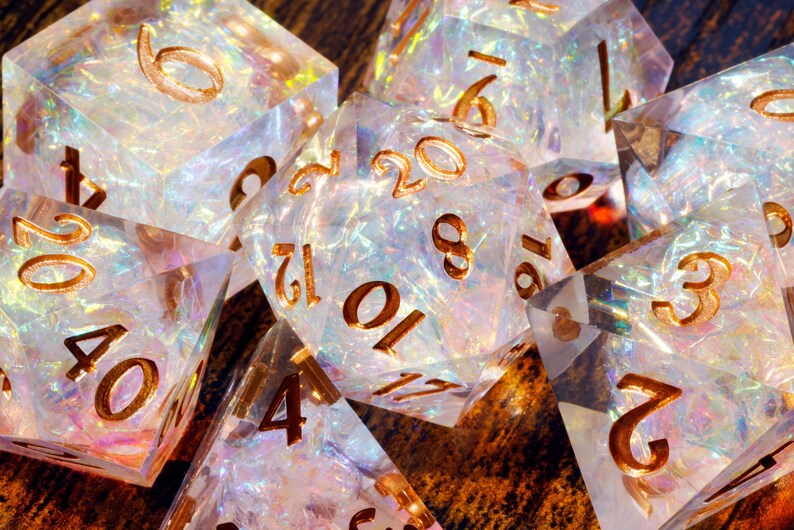 Sacred Opal Sharp Edge dice set: Clear with holographic foil Dice Only