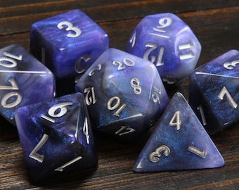 Dreamveil Opal Dice Set – Semi-Opaque with Iridescent Blue and Purple Glitters - DnD Dice
