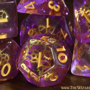 Arcane Sprockets Dice Set – Small Golden Gear Inclusions, Steampunk Style for Gnomes and Artificers, TTRPG Game Kit for Role-Playing Games