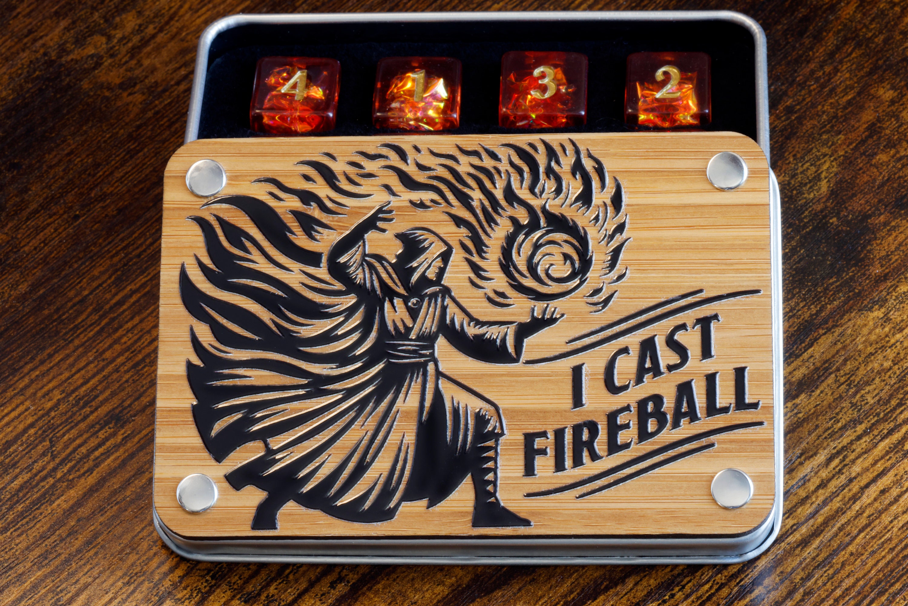 Feuerball Würfelbox und W6 Würfel - Rot orange Holographische Einschlüsse, Holo Glitter, Würfel DnD, | Würfel Box Spiel Bausatz