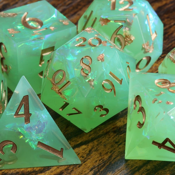 Elven Moon dice set - Milky pastel green sharp edge dice set with holographic foil and copper flakes, dungeons and dragons, Dice set for DnD