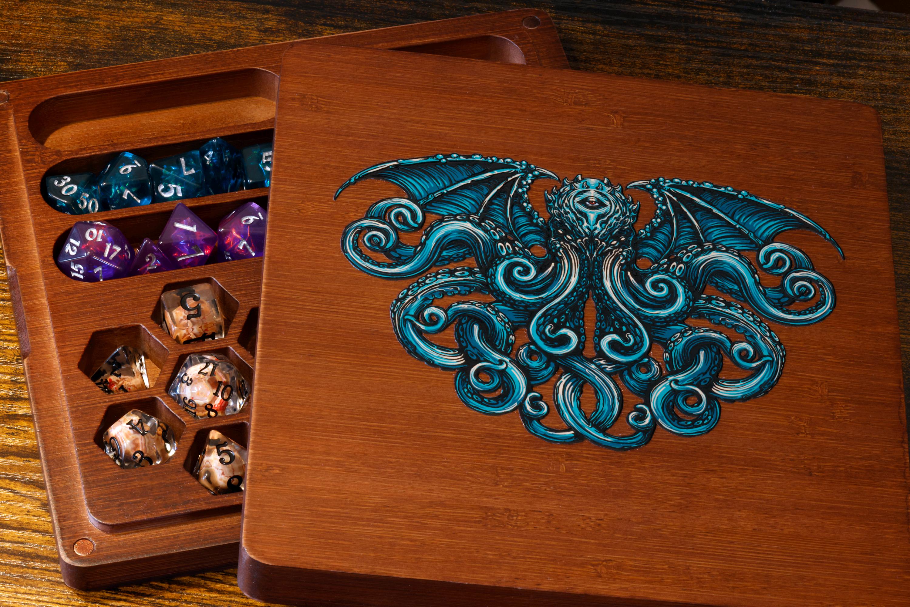 Cthulhu Wooden Dice Vault and Rolling Tray for Dungeons & Dragons or Pathfinder – Hardwood Dice Storage Box with Felt Tray - Game Kit