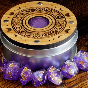 Celestial round dice box Mystic Opal Dice Set - Purple Holographic inclusions , Translucent with holo foil, Dungeons and dragons dice set