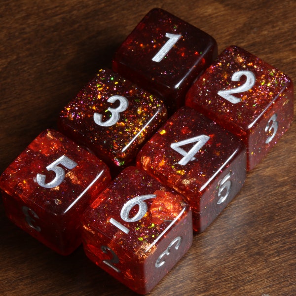 Galactic Magma D6 - Fiery Red , Translucent with holographic glitters, Exclusive Dice set, Dungeons and Dragons, TTRPG fireball