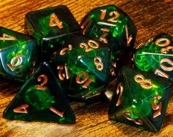 Verdant Opal Dice Set – Dark Green with Holographic Foil for DnD and Role-Playing Games