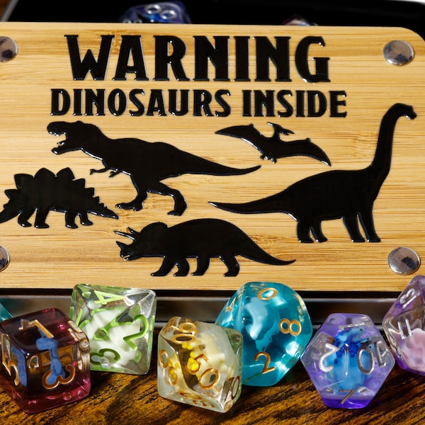 Dinosaur dice box and mixed dinosaur dice set, 7 Polyhedral dice with Dinosaur inside, Dungeons and dragons, Dice set for DnD